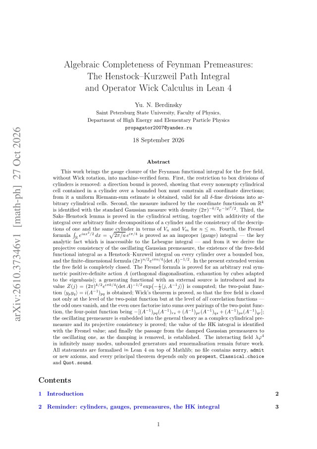First page of Algebraic Completeness of Feynman Premeasures: The Henstock-Kurzweil Path Integral and Operator Wick Calculus in Lean 4
