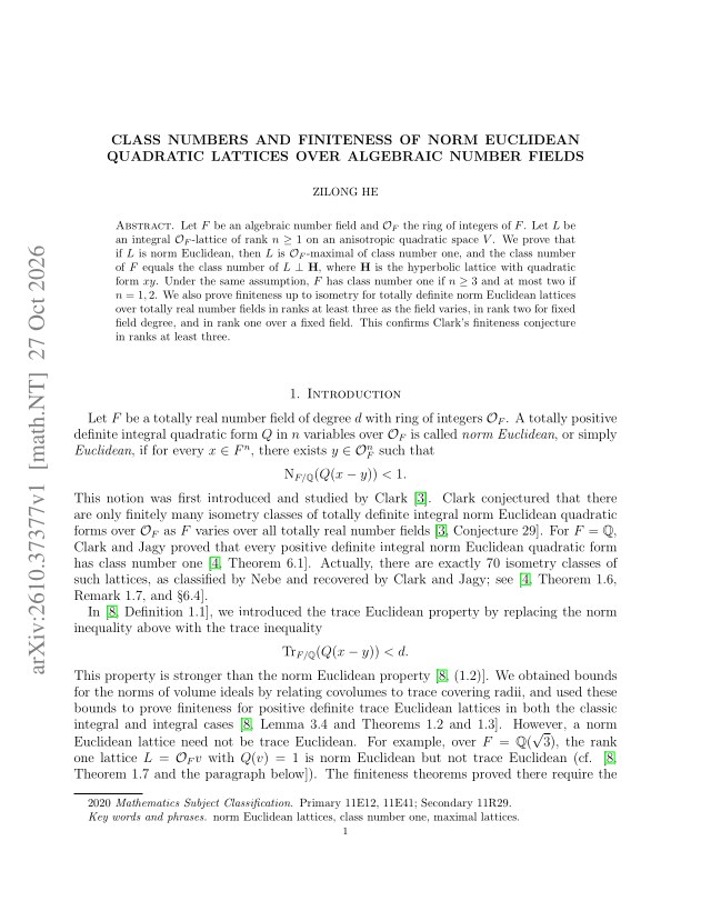 First page of Class numbers and finiteness of norm Euclidean quadratic lattices over algebraic number fields