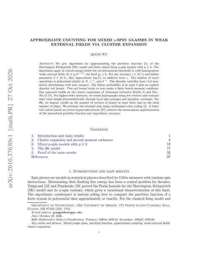 First page of Approximate Counting for Mixed $p$-Spin Glasses in Weak External Fields via Cluster Expansion