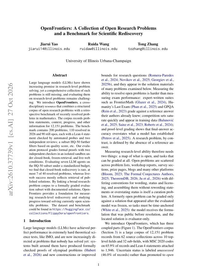 First page of OpenFrontiers: A Collection of Open Research Problems and a Benchmark for Scientific Rediscovery