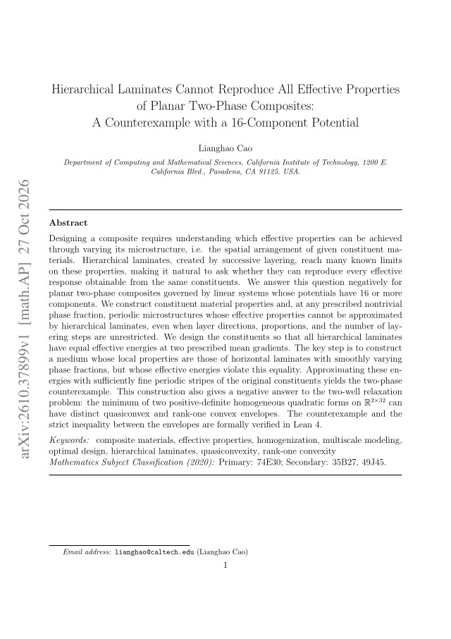 First page of Hierarchical Laminates Cannot Reproduce All Effective Properties of Planar Two-Phase Composites: A Counterexample with a 16-Component Potential