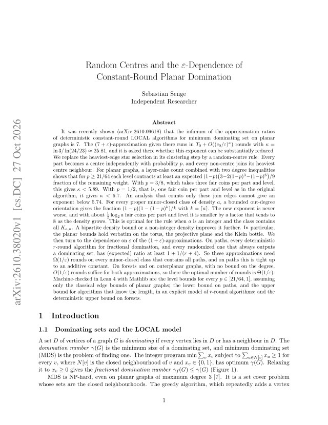 First page of Random Centres and the $\varepsilon$-Dependence of Constant-Round Planar Domination