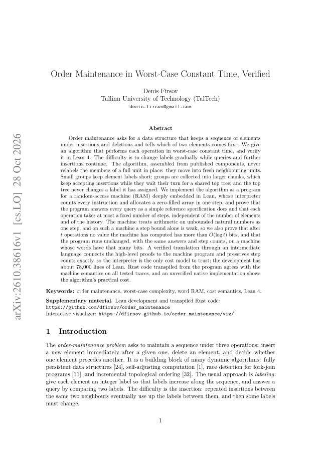First page of Order Maintenance in Worst-Case Constant Time, Verified