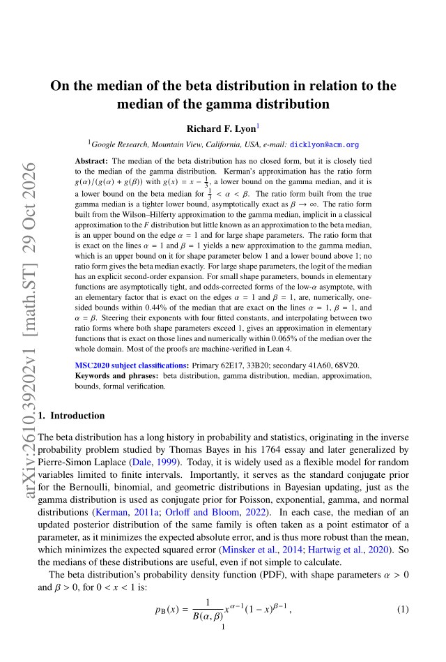 First page of On the median of the beta distribution in relation to the median of the gamma distribution