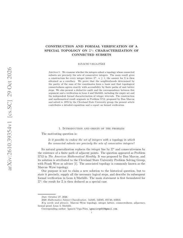 First page of Construction and formal verification of a special topology on {\mathbb{Z}}^{n}: characterization of connected subsets