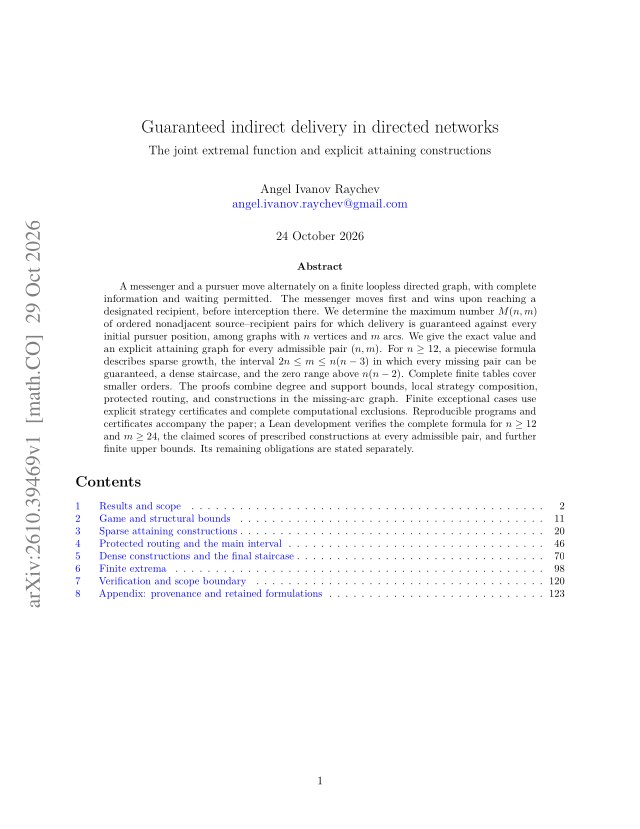 First page of Guaranteed indirect delivery in directed networks: The joint extremal function and explicit attaining constructions