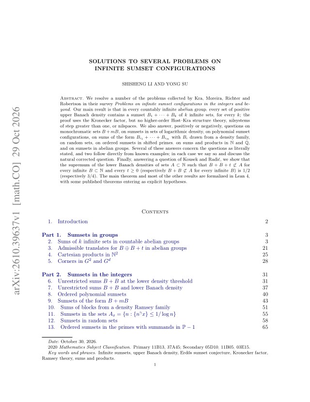 First page of Solutions to several problems on infinite sumset configurations