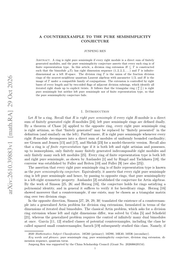 First page of A counterexample to the pure semisimplicity conjecture