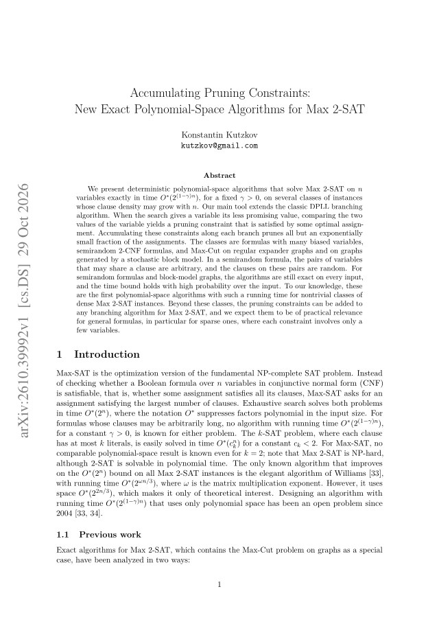 First page of Accumulating Pruning Constraints: New Exact Polynomial-Space Algorithms for Max 2-SAT