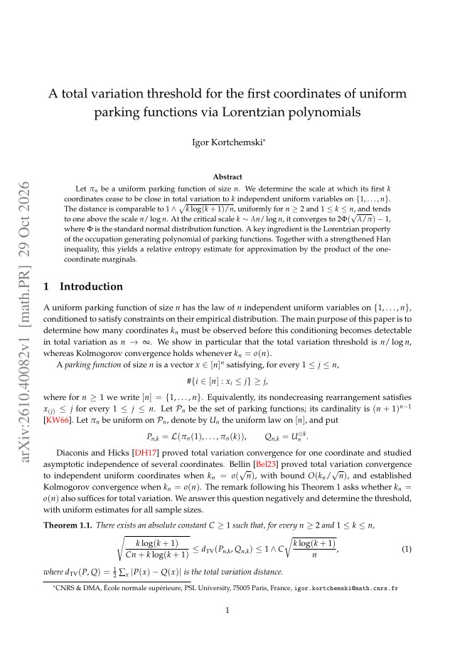 First page of A total variation threshold for the first coordinates of uniform parking functions via Lorentzian polynomials