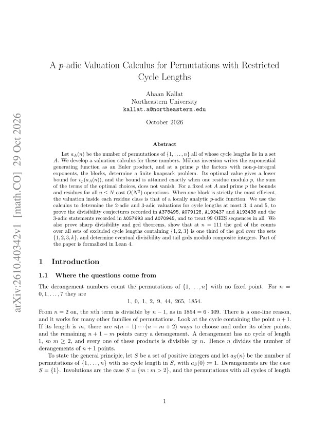 First page of A p-adic Valuation Calculus for Permutations with Restricted Cycle Lengths