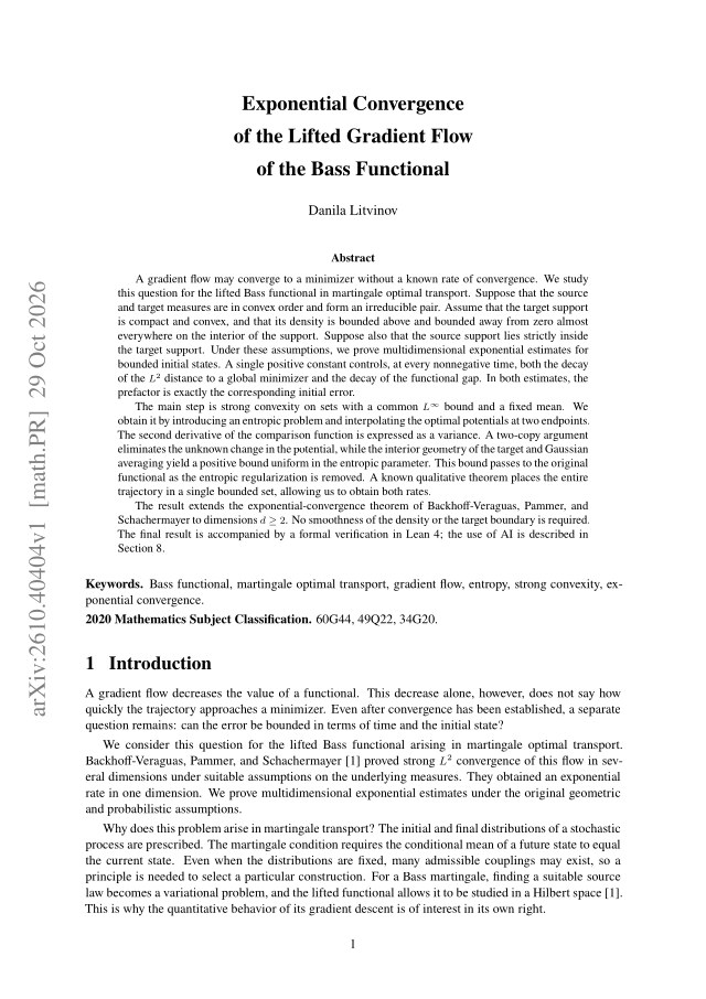 First page of Exponential Convergence of the Lifted Gradient Flow of the Bass Functional