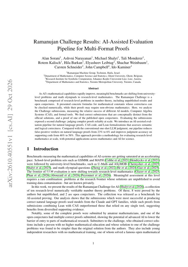 First page of Ramanujan Challenge Results: AI-Assisted Evaluation Pipeline for Multi-Format Proofs