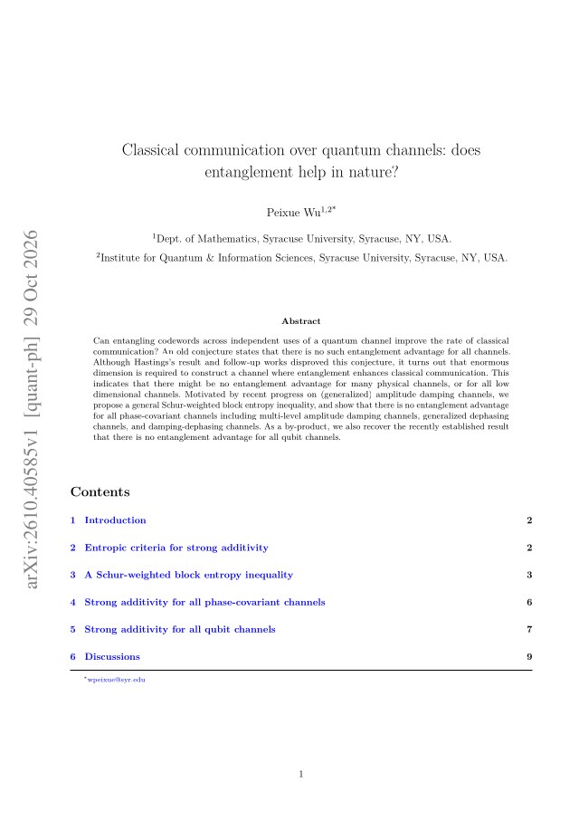 First page of Classical communication over quantum channels: does entanglement help in nature?